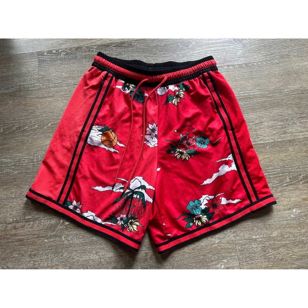 D27 Nike Mens Dri-FIT Basketball Shorts Red Floral Tropical Print Large